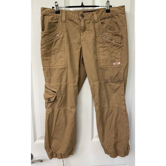 Guess Khaki utility jogger pant size 30 100% cotton tie lace back of pants camel - Picture 1 of 7